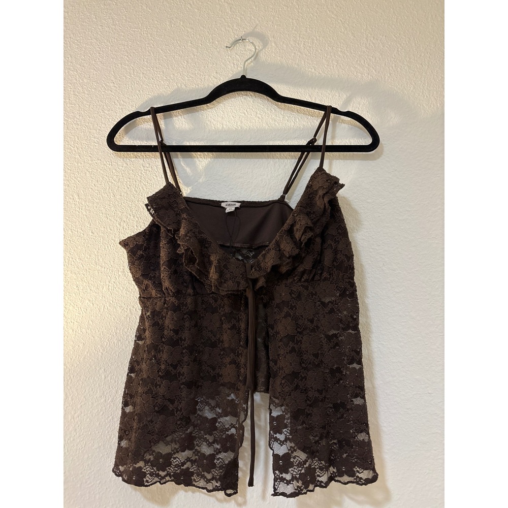 Garage Brown Floral Lace Ruffle Cami Top Tie Front Sheer Adjustable Straps Large